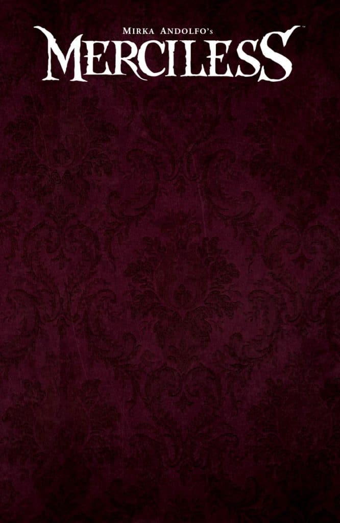 Cover of 'Merciless' by Mirka Andolfo featuring a dark purple textured background with ornate patterns and the title prominently displayed in white.