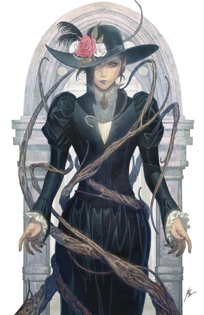 A mysterious woman in a black dress and wide-brimmed hat adorned with flowers, surrounded by twisting dark vines, stands confidently against an arched backdrop.