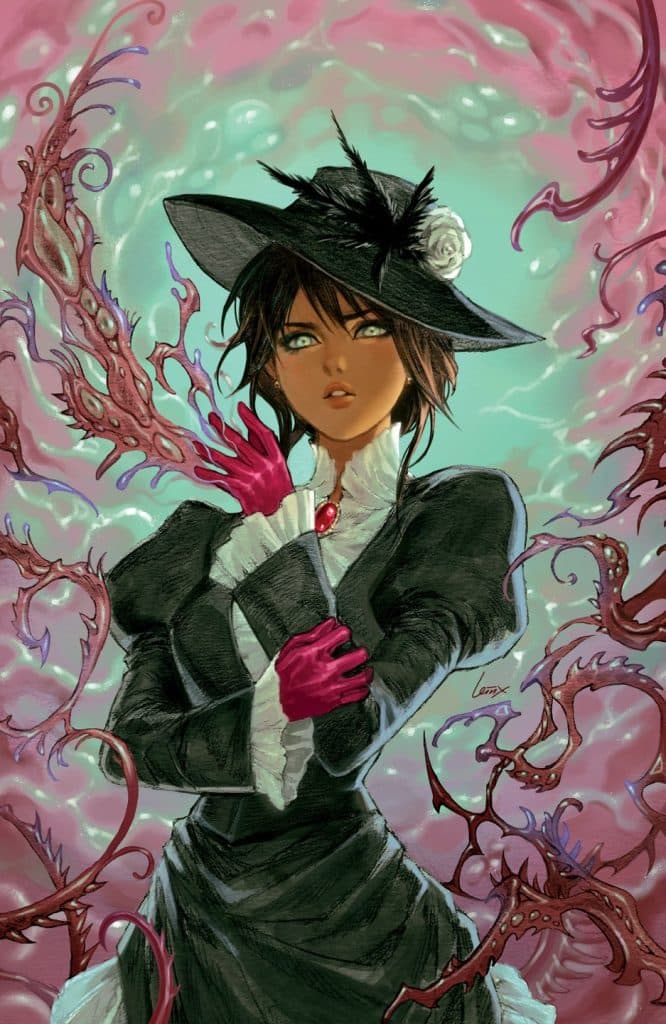 A young woman in a vintage black dress with ruffled details and a large feathered hat, holding her hands close to her chest. She has striking green eyes and wears pink gloves. In the background, there are surreal, swirling pink and purple tendrils that appear to be emerging from behind her.