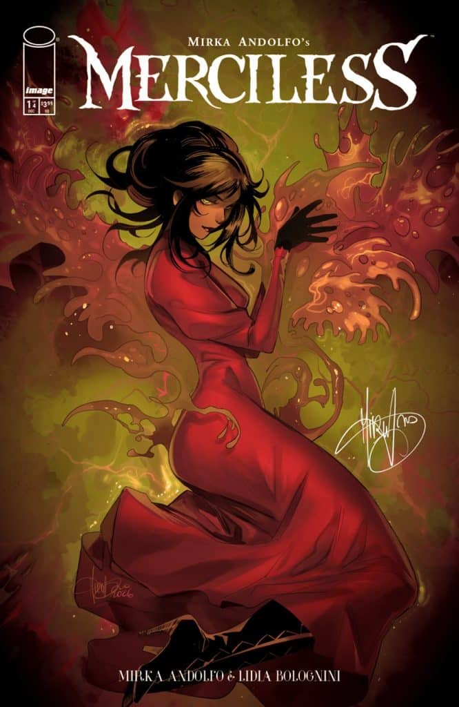 Comic book cover featuring a woman in a red dress with long black hair, surrounded by abstract, swirling designs in shades of green and orange.