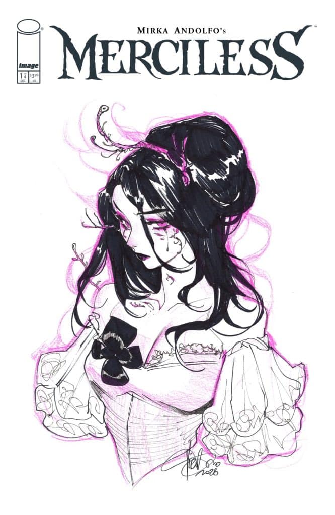 Cover art for 'Merciless' by Mirka Andolfo, featuring a stylized illustration of a woman with long black hair and a delicate dress, adorned with a black bow.