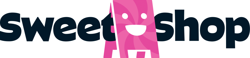Logo of Sweet Shop featuring the word 'Sweet' in dark color and 'Shop' in a playful font with a smiling pink character.