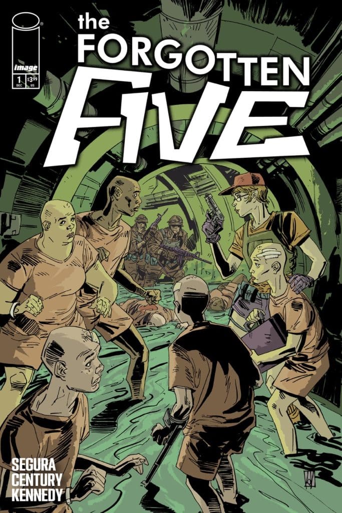 Comic book cover titled 'The Forgotten Five' featuring a group of five bald characters in a sewer-like setting, appearing alarmed and armed, with soldiers in the background.