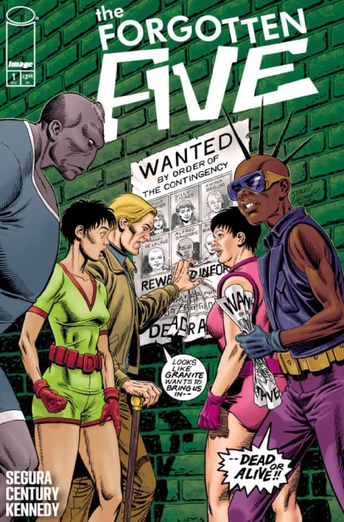 Cover of 'The Forgotten Five' comic book featuring a group of five characters in a gritty urban setting, with a wanted poster visible on the wall.