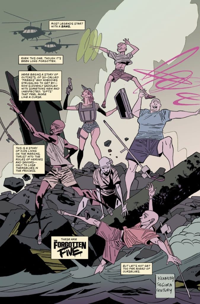 Illustration of five diverse characters on a rocky terrain, depicting themes of outcasts and heroes, accompanied by text boxes that provide narrative context and character details.