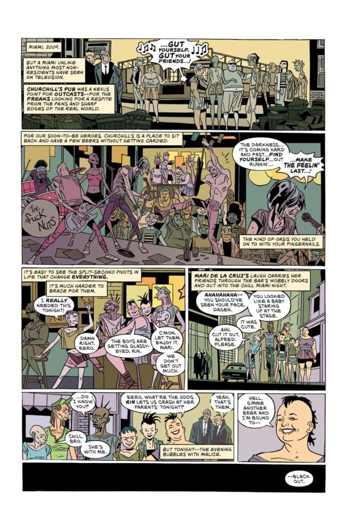 A comic strip set in Miami, 2004, depicting a lively pub scene at Churchill's with colorful characters interacting and enjoying their time together.