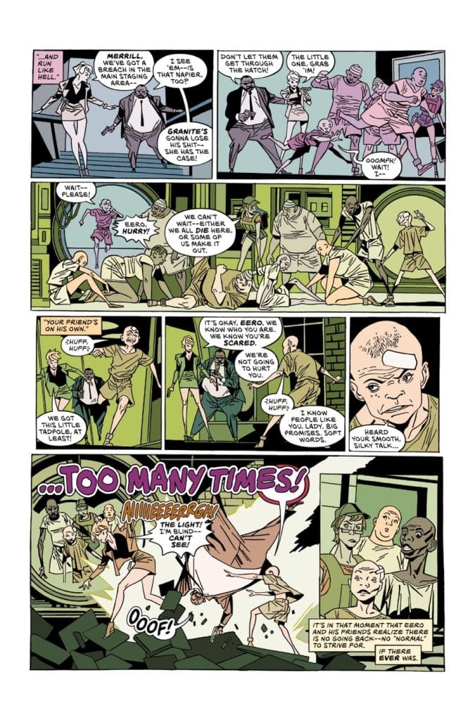 A comic panel depicting a chaotic scene with multiple characters in a dimly lit environment. Characters express urgency and fear, with one character trying to comfort another. There are discussions about danger and a sense of panic among the group.