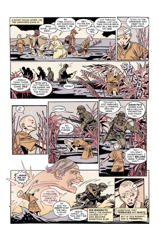 A comic book page featuring several characters in a swamp, discussing their situation. One character appears distressed while others give instructions and respond to the chaos around them.