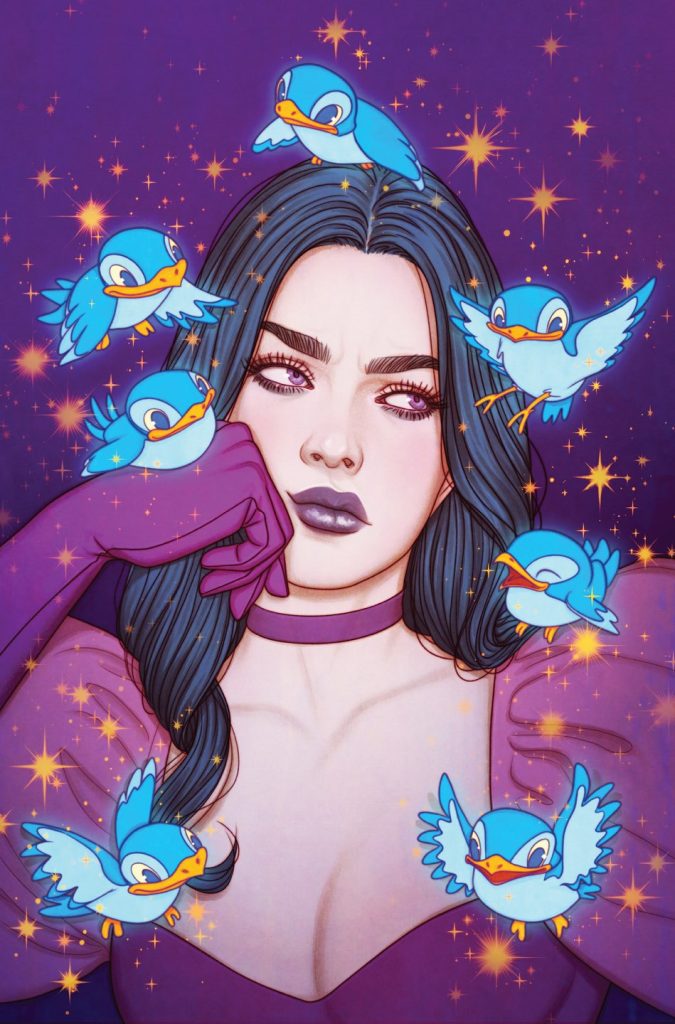An illustrated image of a young woman with long dark hair, resting her chin on her hand, surrounded by cartoon blue birds and sparkles, set against a purple background.
