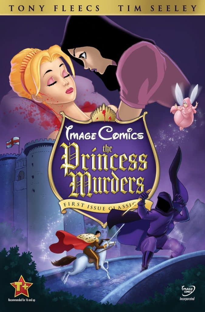 Cover art for 'The Princess Murders' comic, featuring a blonde princess with a bloodstained face, a dark-cloaked figure, and a castle backdrop, illustrated in a colorful and whimsical style.