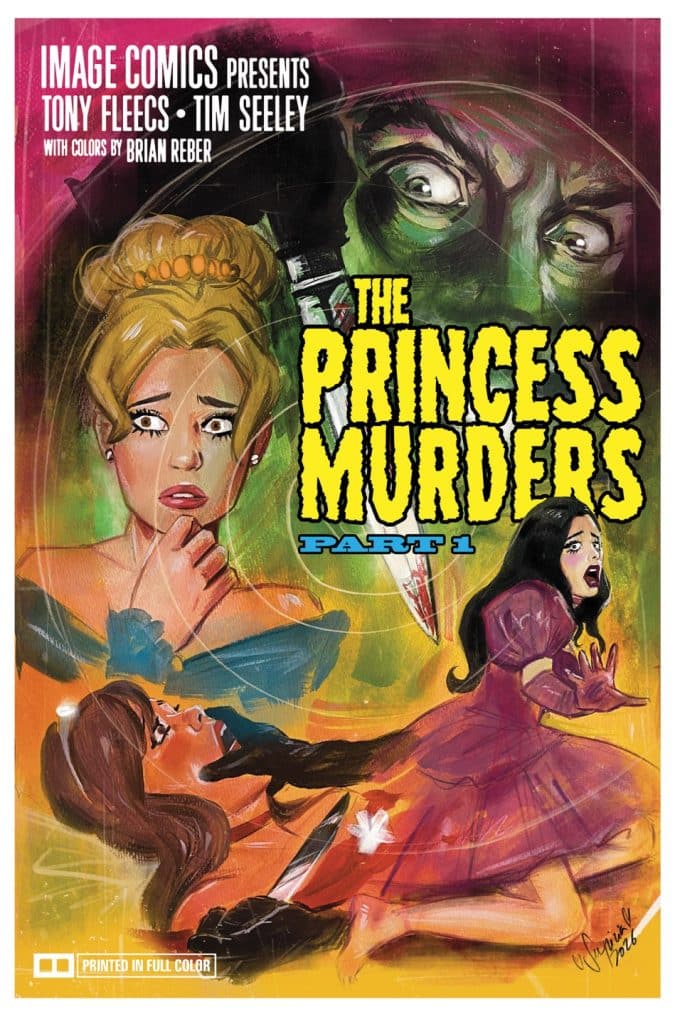 Comic book cover art titled 'The Princess Murders Part 1', featuring three princesses in distress and a menacing figure in the background holding a knife.