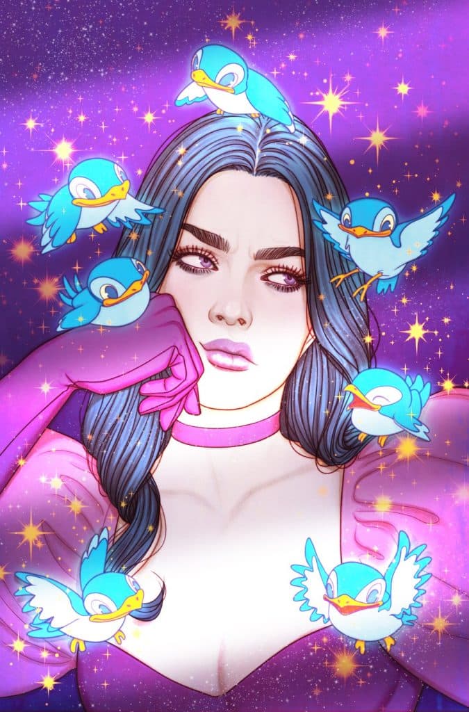 A stylized illustration of a woman with long blue hair, resting her chin on her hand, surrounded by animated blue birds and sparkling stars against a purple background.