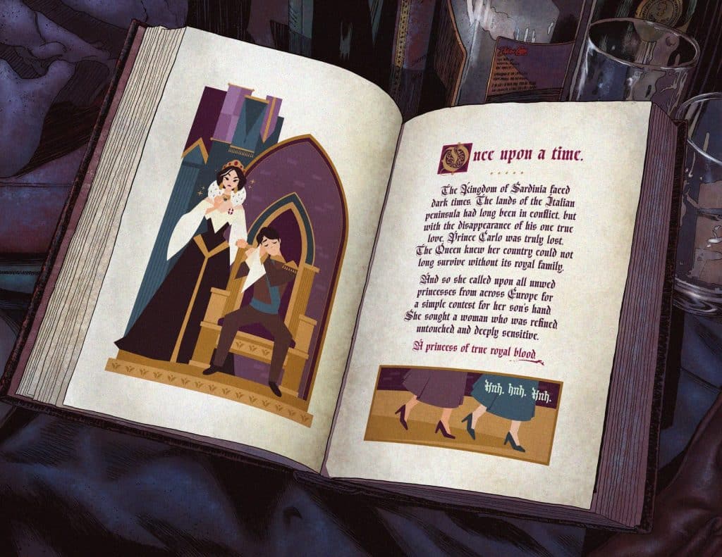 An open storybook featuring an illustration of a queen addressing a prince, accompanied by text that begins 'Once upon a time.' The pages depict a narrative about the Kingdom of Sardinia and the search for a princess of royal blood.