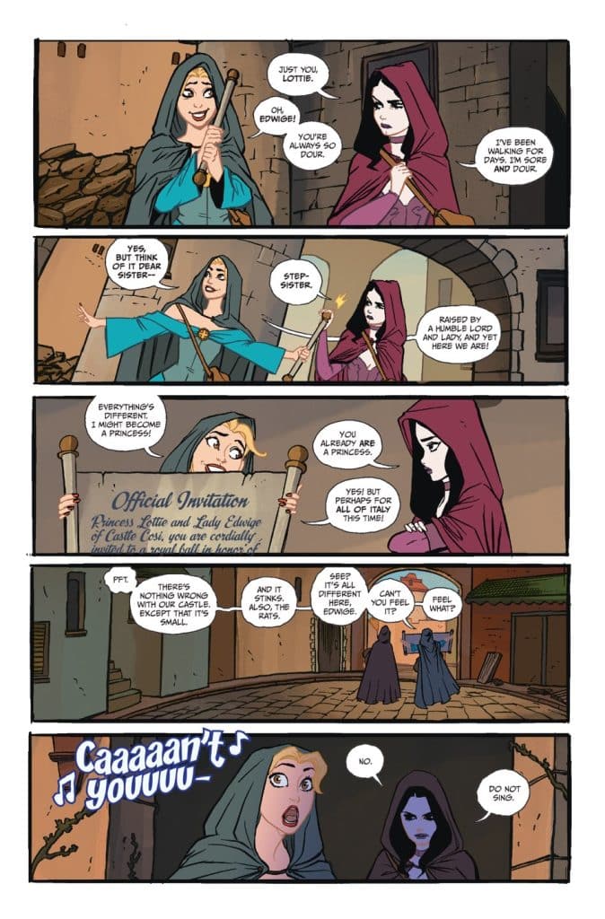 A comic strip featuring two characters, one dressed in a blue cloak and the other in a red cloak, engaged in a conversation about an invitation to a royal ball. The scene shows them in a castle-like setting, with humor reflecting their differing attitudes and perspectives.