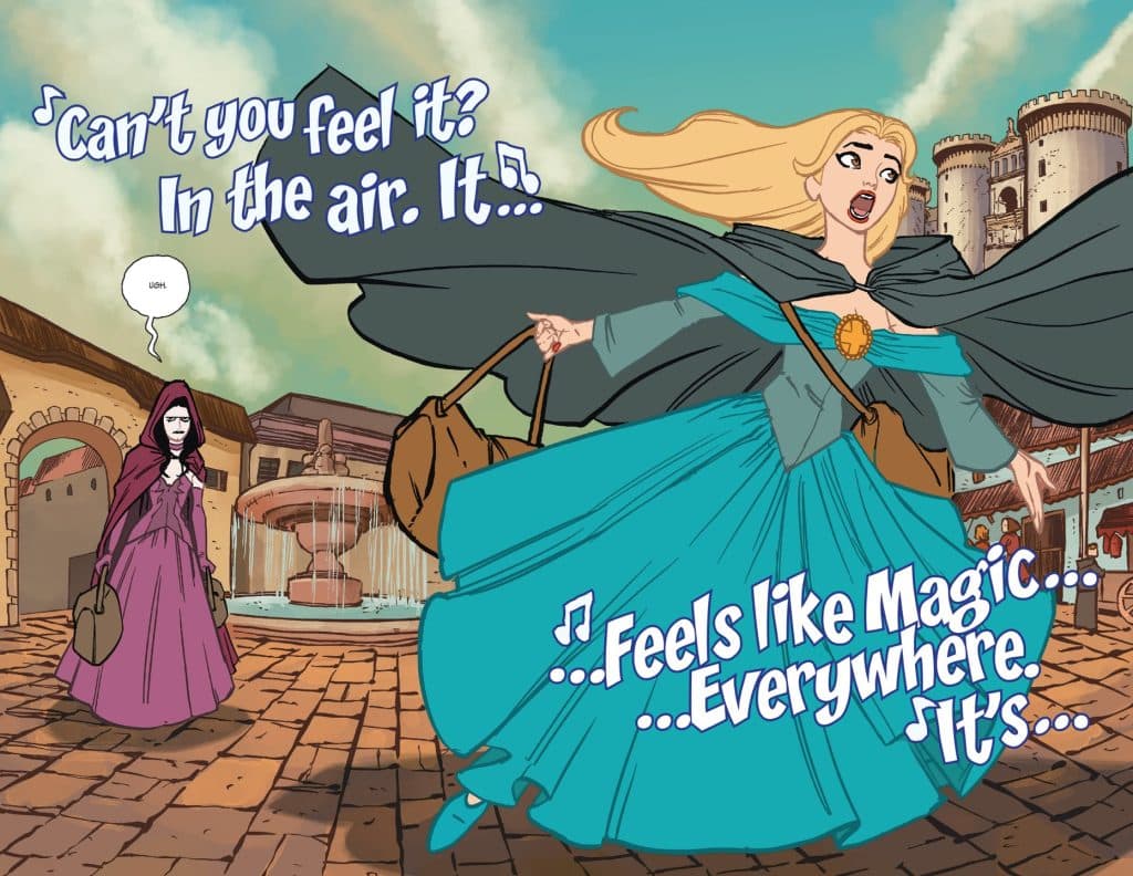 An animated scene featuring two women in a village. One woman in a flowing blue dress sings joyfully about magic, while another woman in a red hooded cloak appears skeptical. A fountain is visible in the background.
