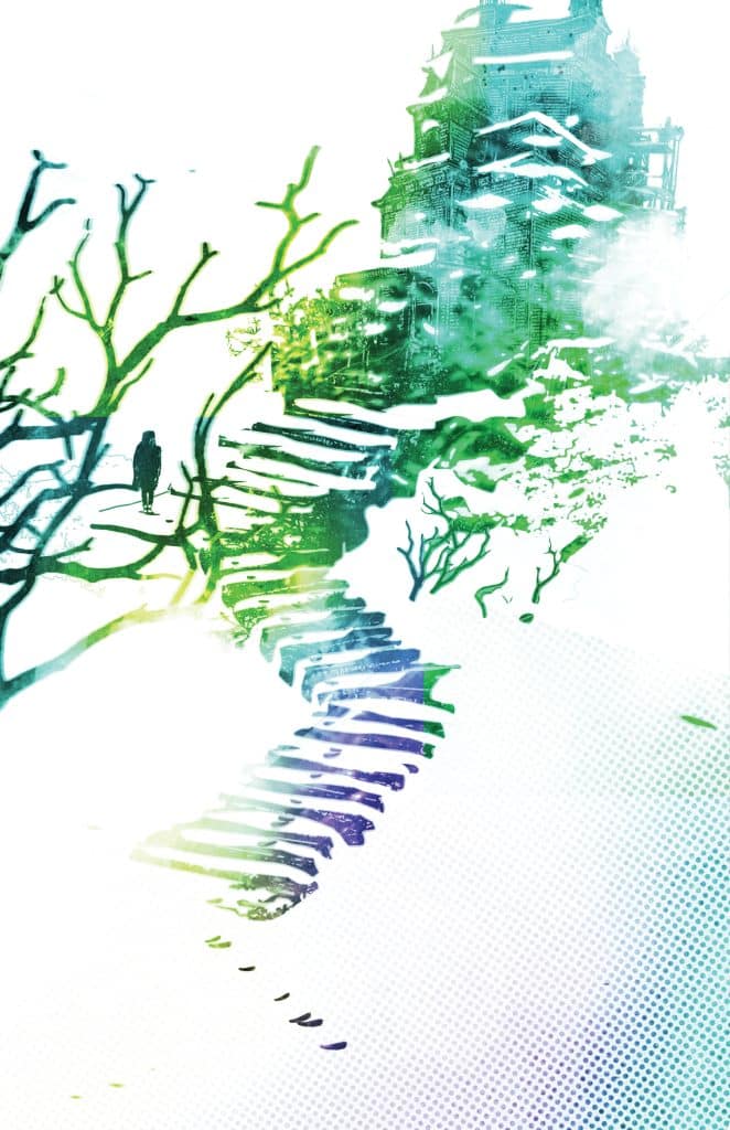 A stylized illustration of a figure walking up a colorful staircase leading to a traditional building, surrounded by abstract trees and a misty atmosphere.