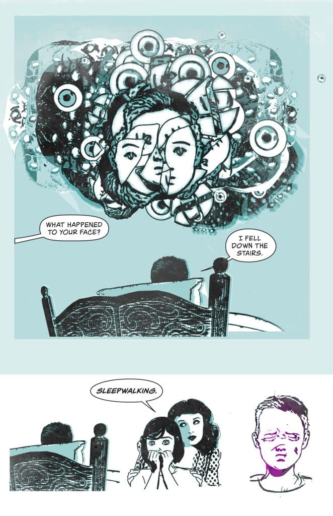 A comic panel showing a person in bed with a confused expression, while a thought bubble depicts a distorted face with multiple eyes. Text reads, 'What happened to your face?' with a response, 'I fell down the stairs.' Below, two characters observe with concern, and one says, 'Sleepwalking.'