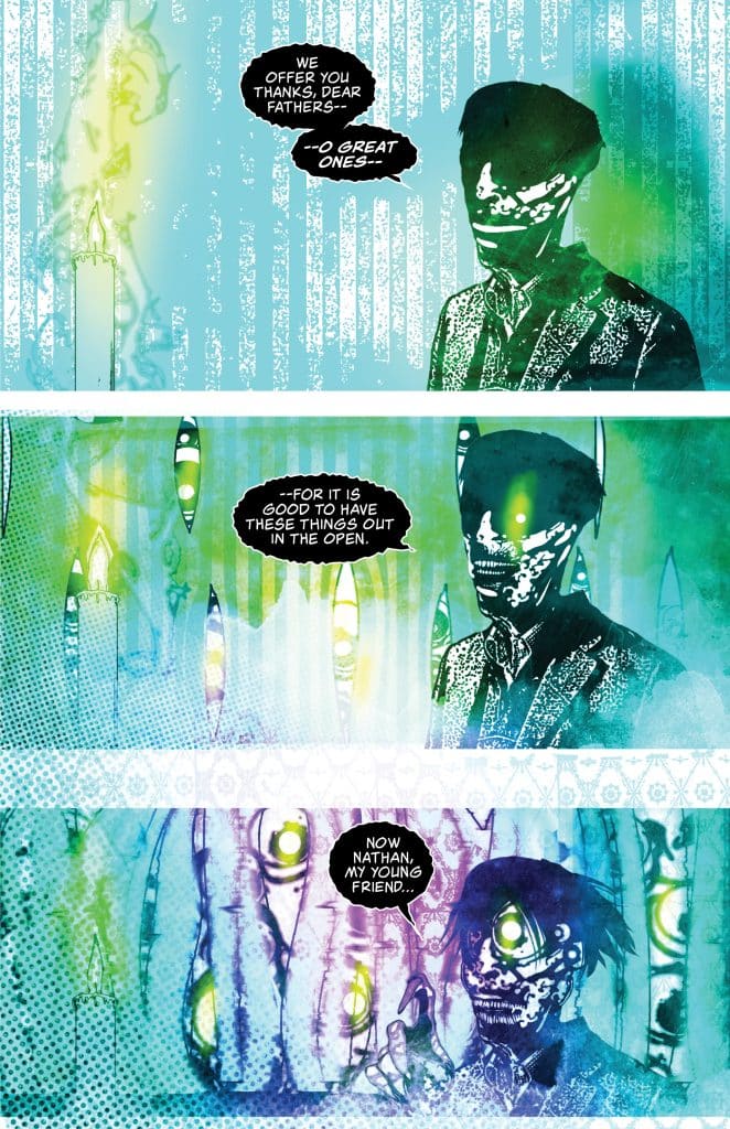 A colorful comic page featuring abstract illustrations of two characters engaged in conversation, with a glowing ambiance and elements like candles and eerie figures in the background.