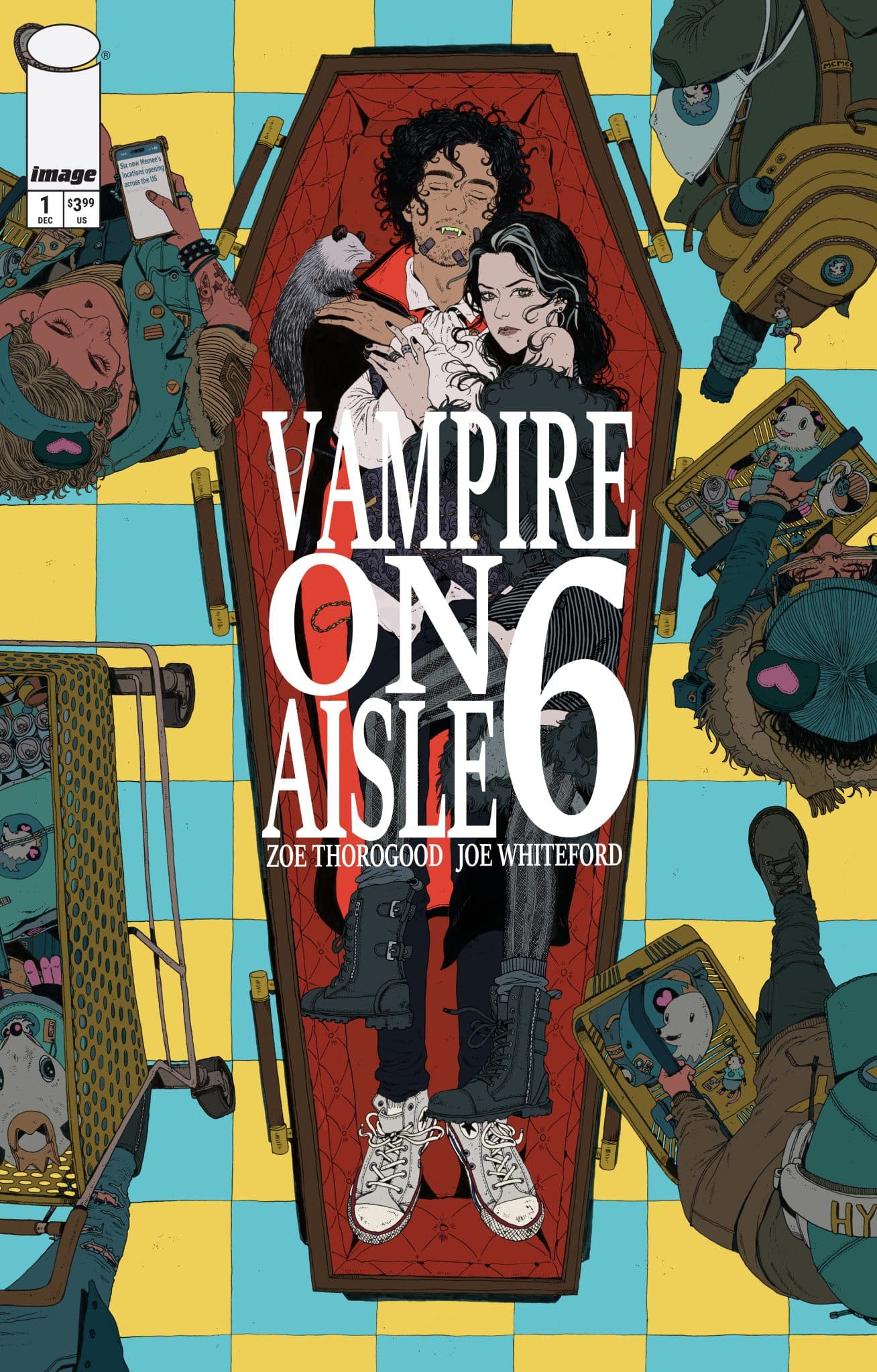 Comic book cover for 'Vampire on Aisle 6' featuring a vampire couple embracing inside a coffin, with a colorful checkered background and illustrations of various characters and items surrounding them.