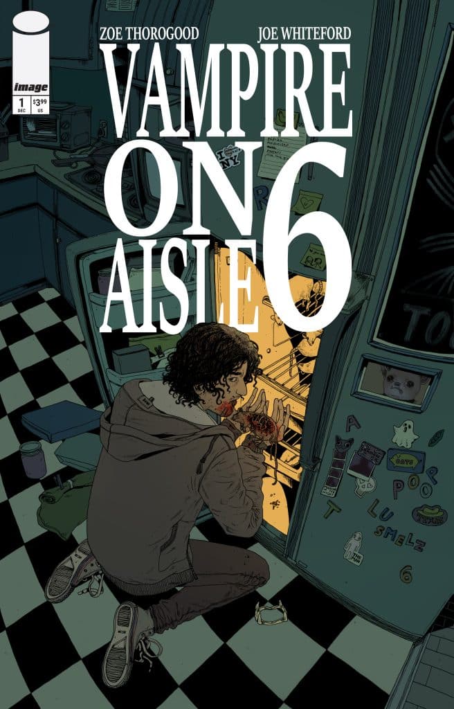 Comic book cover for 'Vampire on Aisle 6' featuring a character kneeling in a kitchen, holding a bloody object. The kitchen has a retro design with black-and-white checkered flooring and a refrigerator adorned with various magnets.