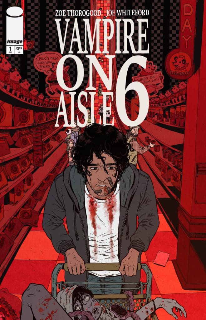 A comic book cover titled 'Vampire on Aisle 6' featuring a young man with a distressed expression, covered in blood, pushing a shopping cart with a grotesque body inside, set in a grocery store aisle with a dark and eerie atmosphere.
