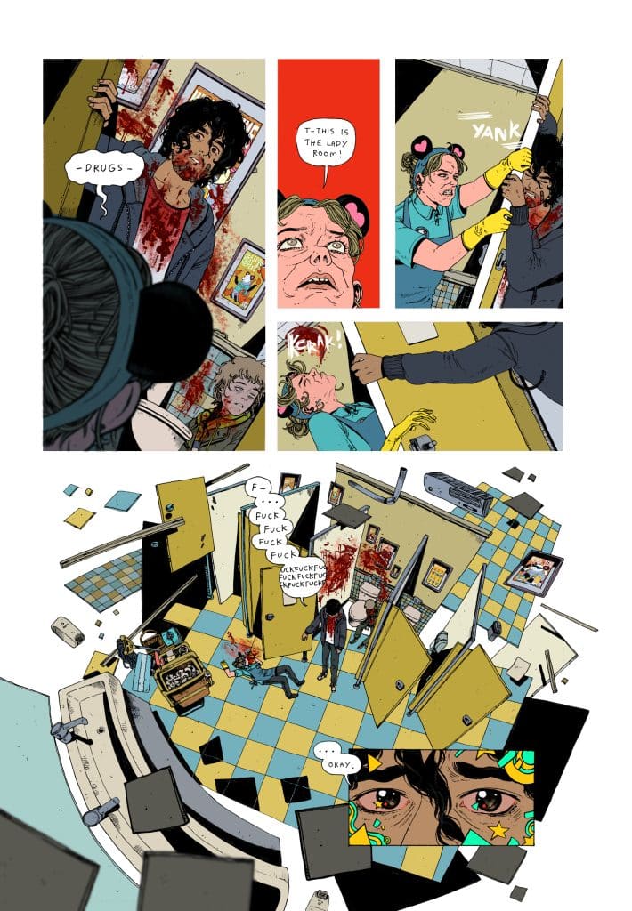 A comic book panel depicting a chaotic scene with multiple characters. One character appears distressed and bloodied in the foreground, while another character, dressed in blue, looks shocked. The setting is a messy room with several doors open, revealing more chaos. Dialogue bubbles express confusion and panic.