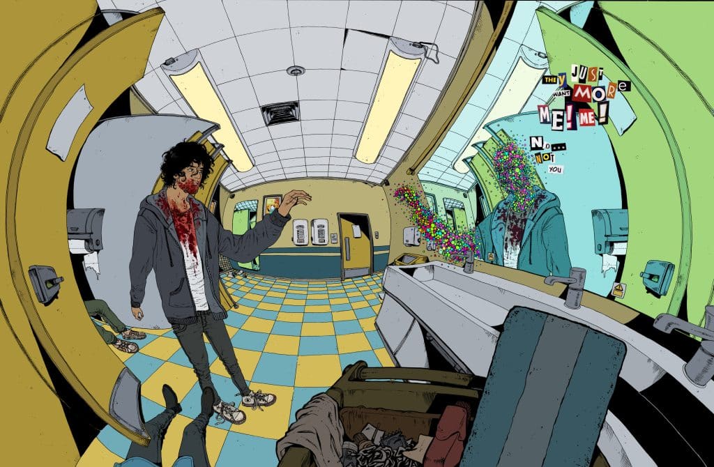 An illustrated scene featuring a bloodied young man in a bathroom, staring into a distorted mirror. The mirror reflects a chaotic version of himself with colorful, fragmented elements. The tile floor is checkered in yellow and blue, and there are bathroom fixtures in the background.