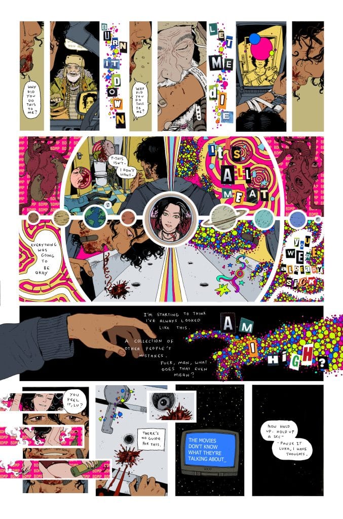 A colorful comic page featuring a series of illustrated panels with text and characters expressing a range of emotions and thoughts, including themes of confusion, despair, and existential questioning.