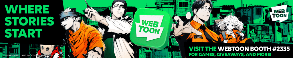 Promotional banner for Webtoon featuring colorful graphics and manga-style characters, inviting visitors to booth #2335 for games and giveaways.