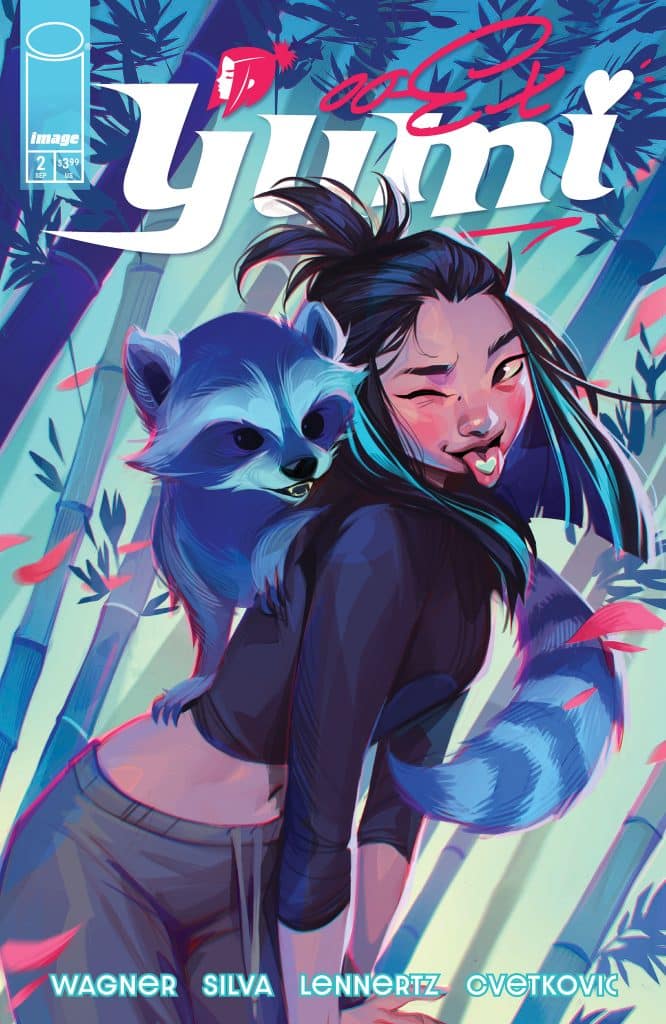 A colorful comic book cover featuring a young woman with dark hair and a playful expression, accompanied by a raccoon, set against a vibrant forest background.