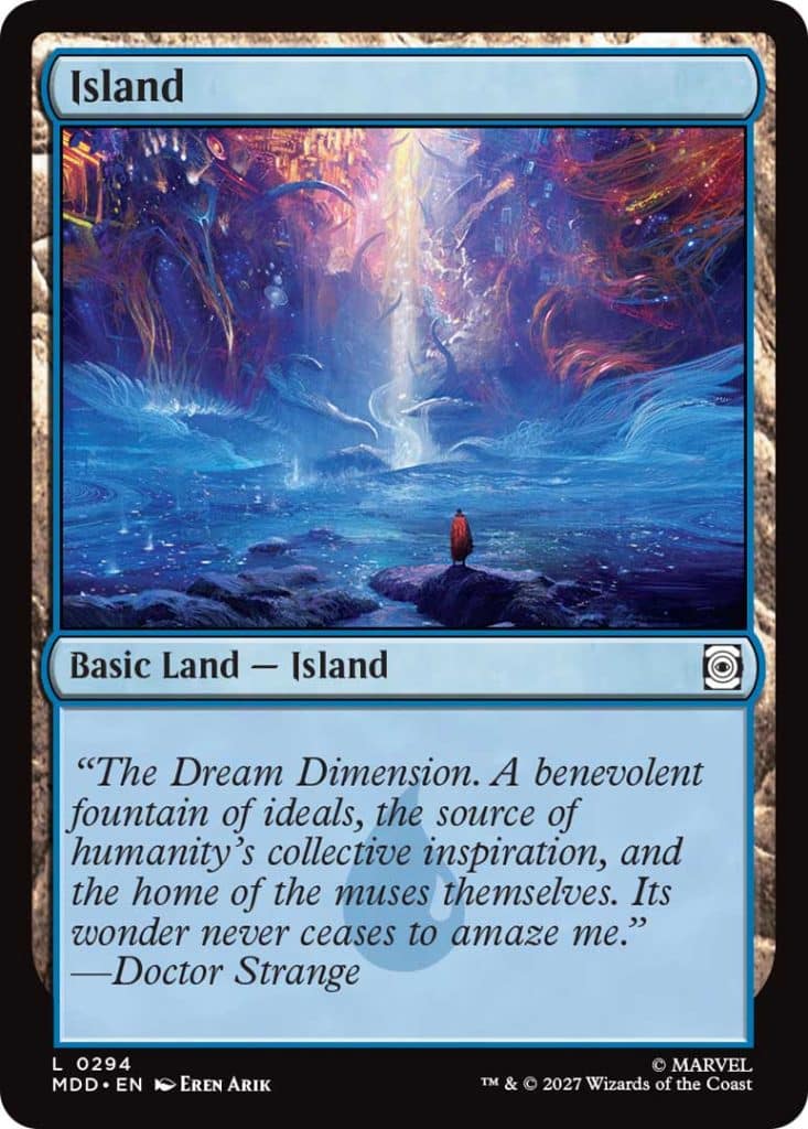 A vibrant fantasy depiction of an island with mystical elements like a glowing stream and abstract colors, accompanied by a quote from Doctor Strange.