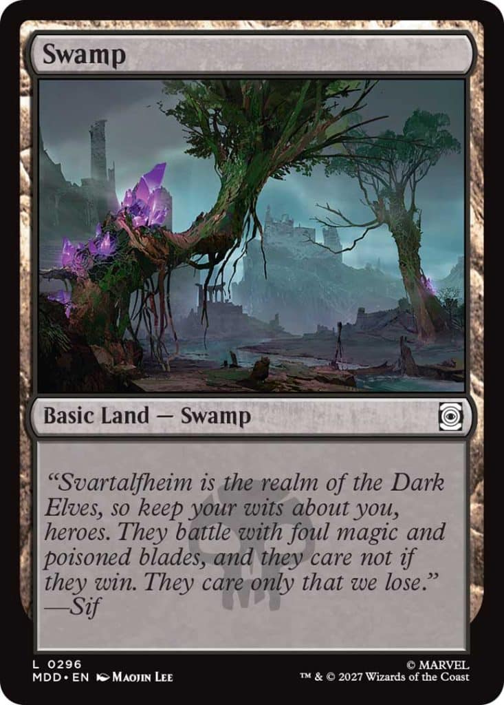 A fantasy illustration of a swamp, featuring twisted trees and glowing purple crystals, with a mystical atmosphere and ancient ruins in the background.