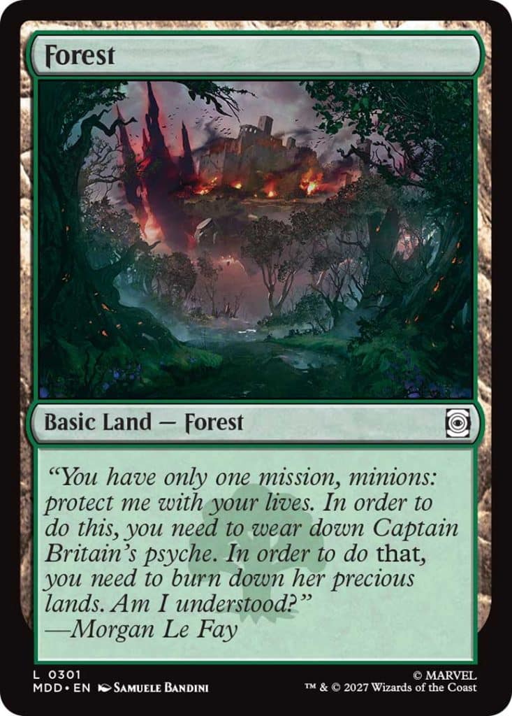 A fantasy landscape depicting a forest with dark, twisted trees and glowing red flames in the background, along with a silhouette of a castle. The card is labeled 'Basic Land - Forest' with a quote from Morgan Le Fay.