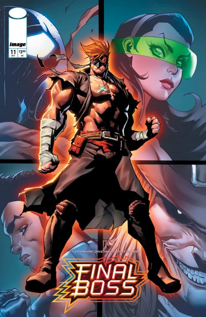 Comic book cover featuring a muscular hero in a dramatic pose, surrounded by shadowy figures, with the title 'FINAL BOSS' prominently displayed.