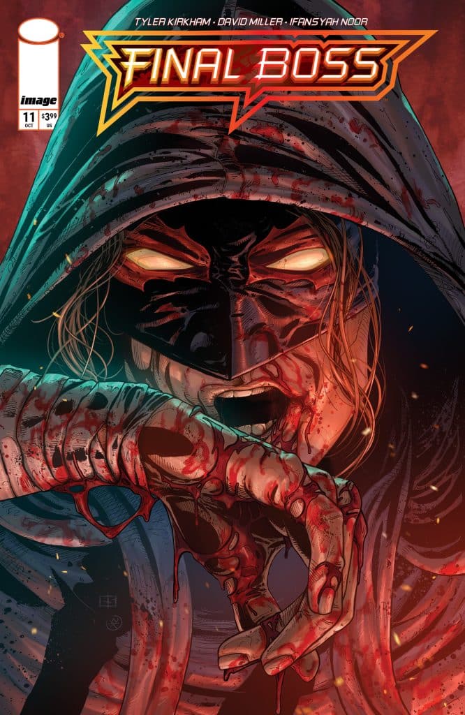 Comic book cover for 'Final Boss' featuring a hooded character with bloodied hands and a sinister expression, against a dark and smoky background.