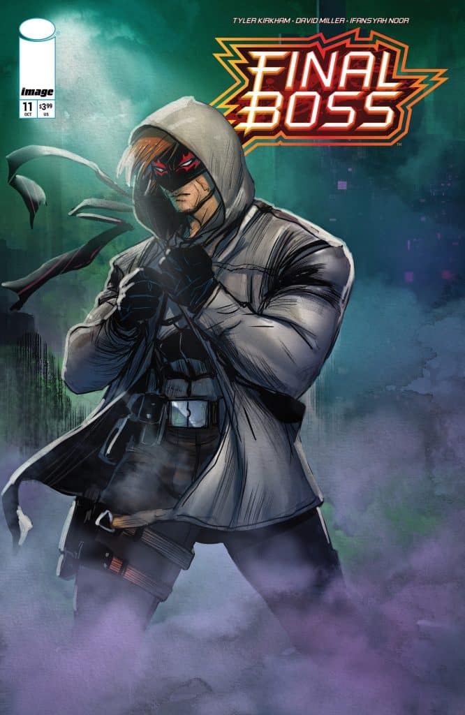 Comic book cover for 'Final Boss' featuring a masked character in a hooded jacket, standing confidently with a mysterious expression amidst a misty background.