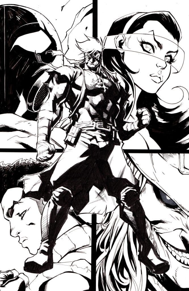 A comic book illustration featuring multiple characters arranged in a grid. The central figure is a muscular hero in a tactical outfit, surrounded by three smaller portraits of other characters, including a woman with a headband and expressions that convey intensity.