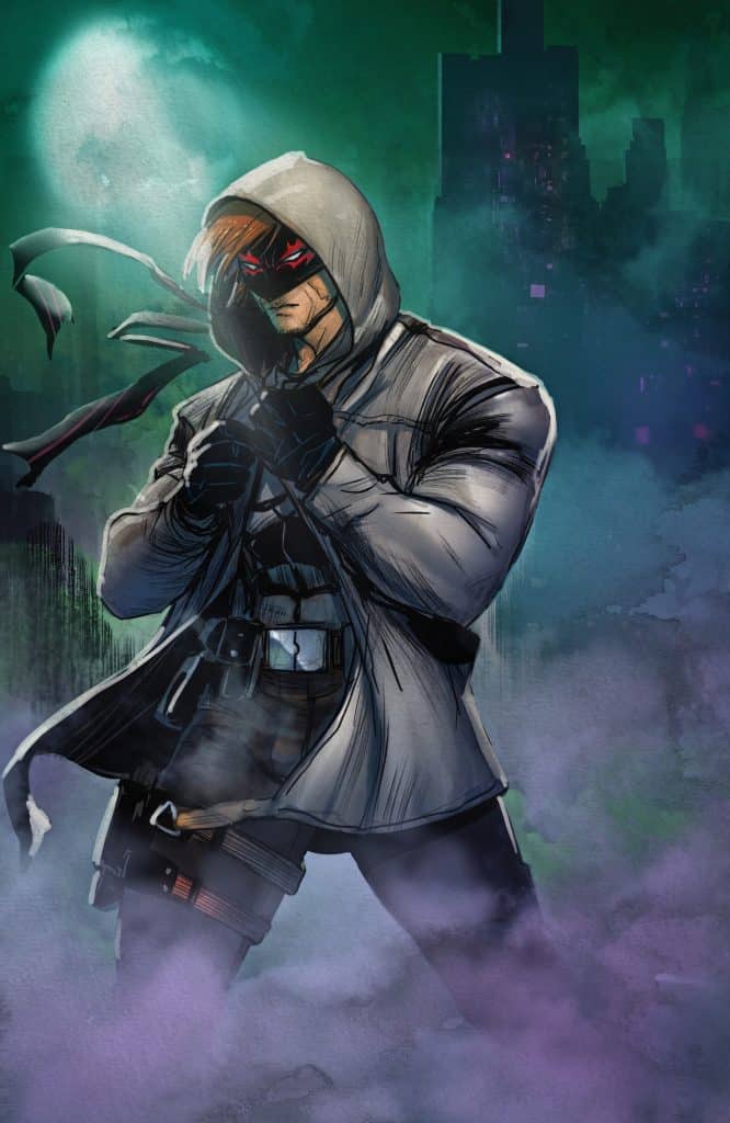 A masked superhero character dressed in a gray hoodie and tactical belt, holding a weapon, standing in a misty urban environment with a dark city skyline in the background.