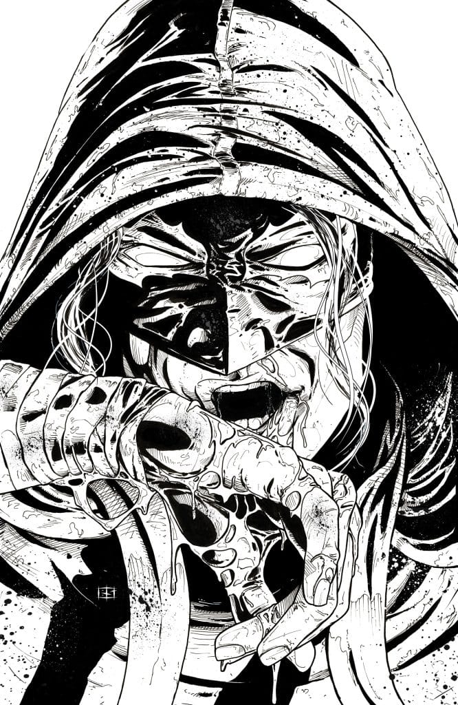 A detailed black and white illustration of a mysterious figure wearing a hood, showing a half-covered face with intense eyes. The figure's hand is reaching towards the viewer, dripping with a thick, dark substance.