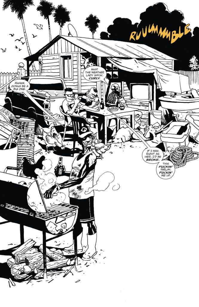 A chaotic backyard scene featuring several characters interacting near a barbecue grill, surrounded by clutter, a shed, and palm trees.