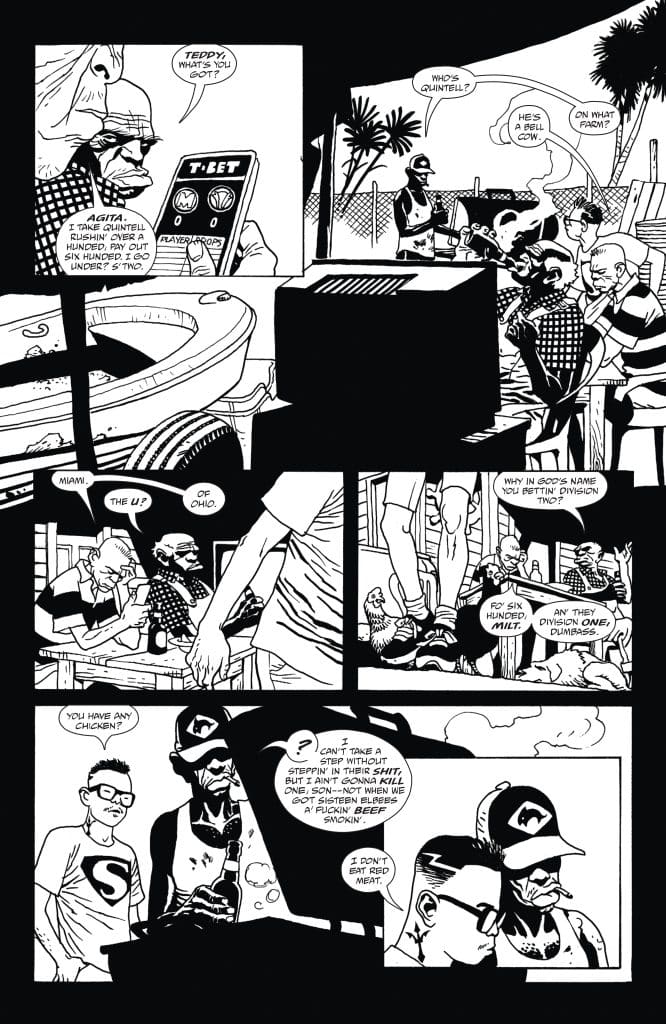 A black and white comic panel depicting a group of characters engaged in conversation. One character, identified as Teddy, holds a betting app on a phone, while others discuss names, locations, and food preferences. The scene shows a casual and humorous exchange among the characters.