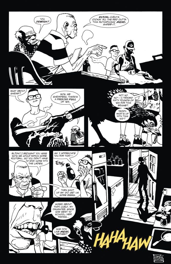 A black and white comic strip featuring several characters engaged in a humorous conversation about food and personal preferences, with comic-style dialogue boxes and exaggerated expressions.