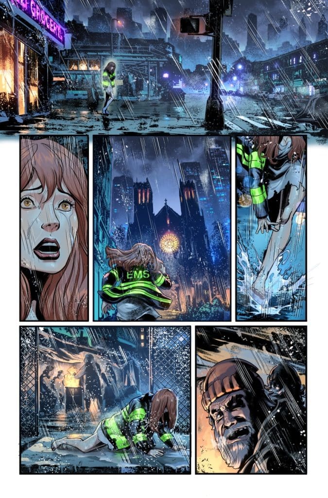 A graphic novel scene depicting a woman in a neon green EMS jacket walking alone in a rainy, deserted city street at night, visibly distressed.