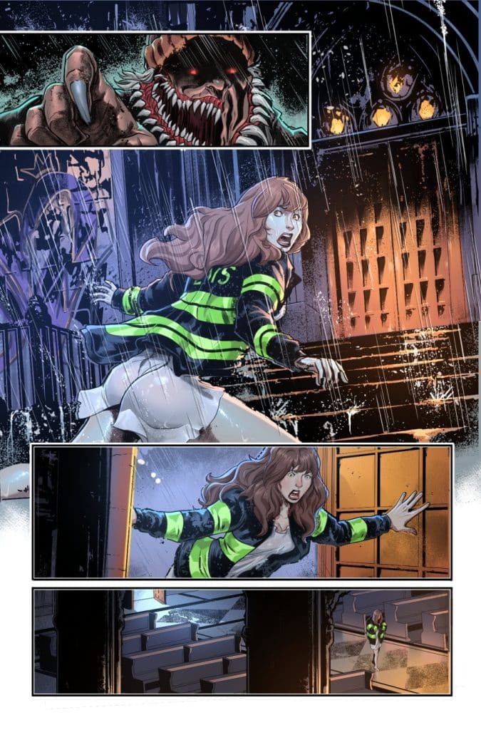 A frightened woman in a striped jacket runs away in a dark, atmospheric setting, while a monstrous figure looms in the background, creating a sense of horror and urgency.