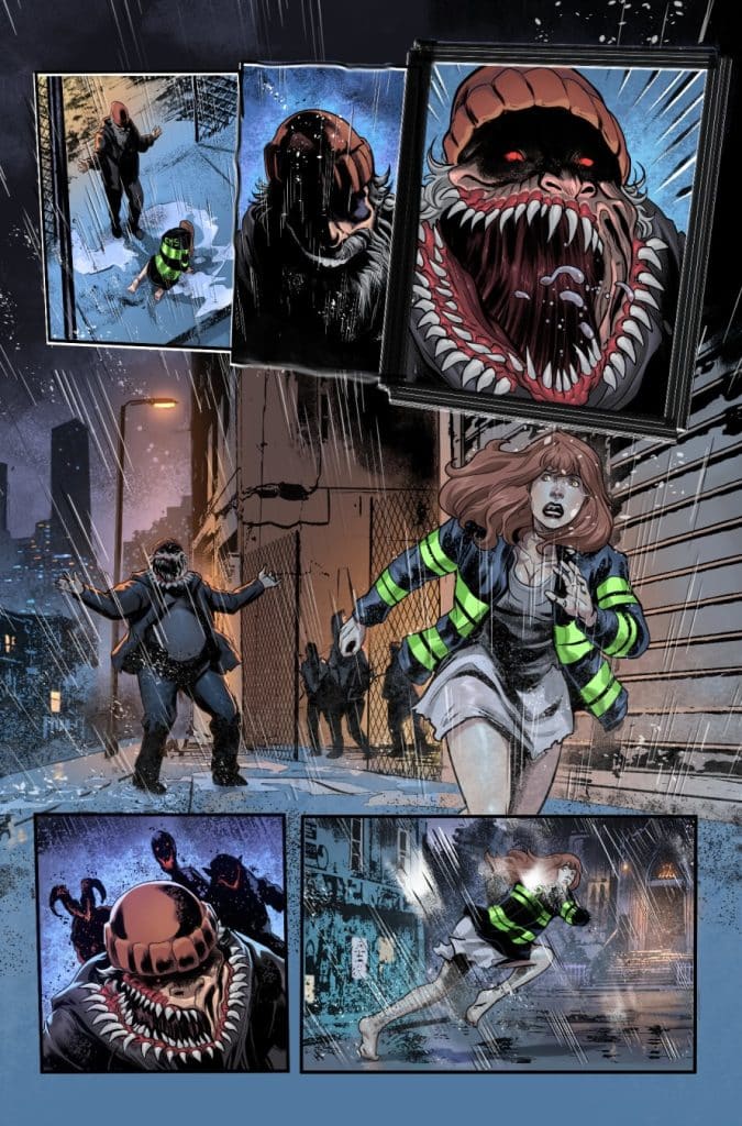 A comic book scene depicting a young woman in a green and black striped outfit fleeing from a monstrous creature with a large mouth full of teeth, set in a rainy urban environment.