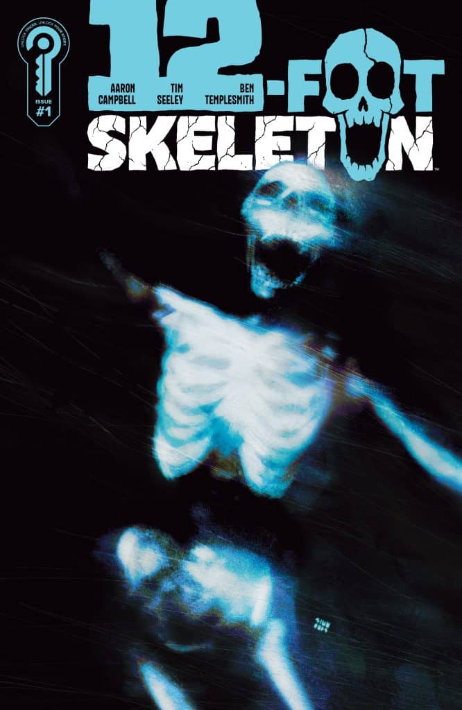 Cover of the comic book '12-Foot Skeleton', featuring a large, ghostly skeleton with a dark background and stylized text.