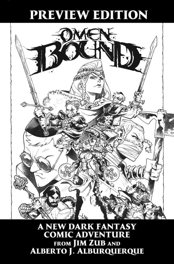 Cover of 'Omen Bound', a dark fantasy comic preview edition, featuring illustrated characters including warriors and a queen, with the title prominently displayed.