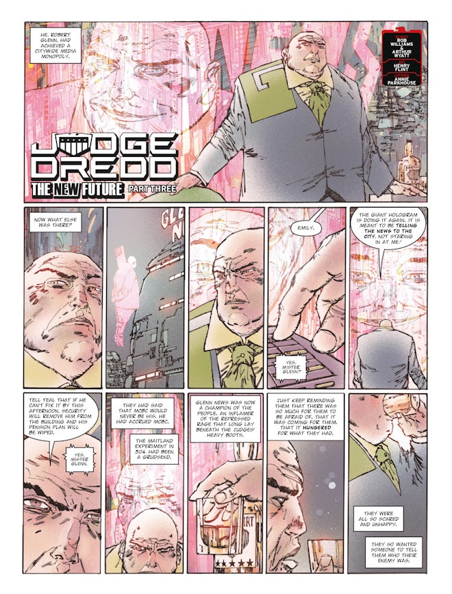 Comic page from Judge Dredd titled 'The New Future Part Three', featuring a character named Robert Glenn, with various panels showcasing his expressions and dialogue against a futuristic city backdrop.