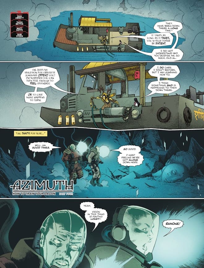 A comic book page featuring characters on a boat and in a mysterious underwater setting. Dialogue bubbles contain conversations about feelings of loneliness and concerns about unknown happenings below. The title 'AZIMUTH: HOW TO TRAIN YOUR DRAGON PART FOUR' is displayed prominently at the bottom.