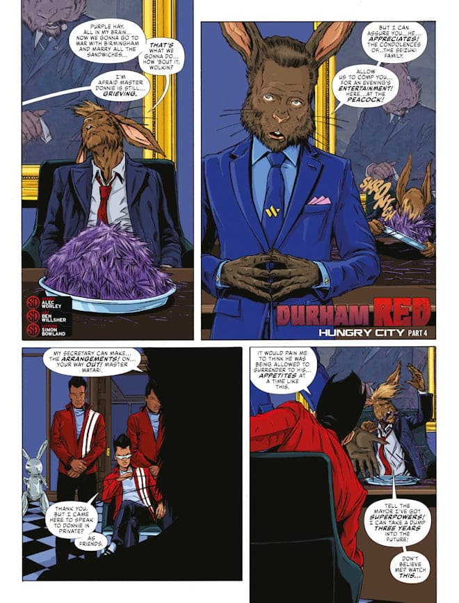 A rabbit-headed character in a blue suit sits at a table with a purple dish, while two characters in red jackets stand nearby. There is a serious discussion taking place in a decorated room.